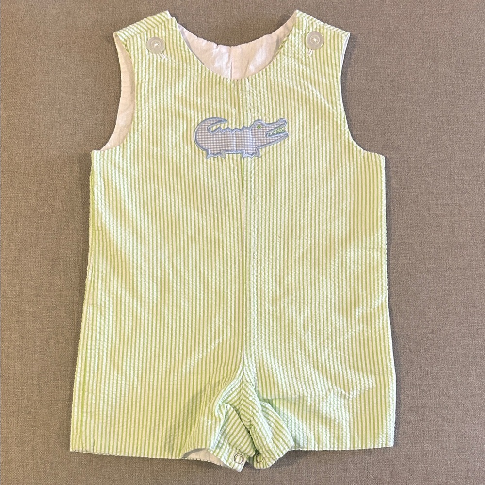 Green Seersucker Striped Baby Romper with Crocodile Appliqué Design